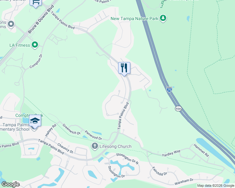 map of restaurants, bars, coffee shops, grocery stores, and more near 16086 Bella Woods Drive in Tampa