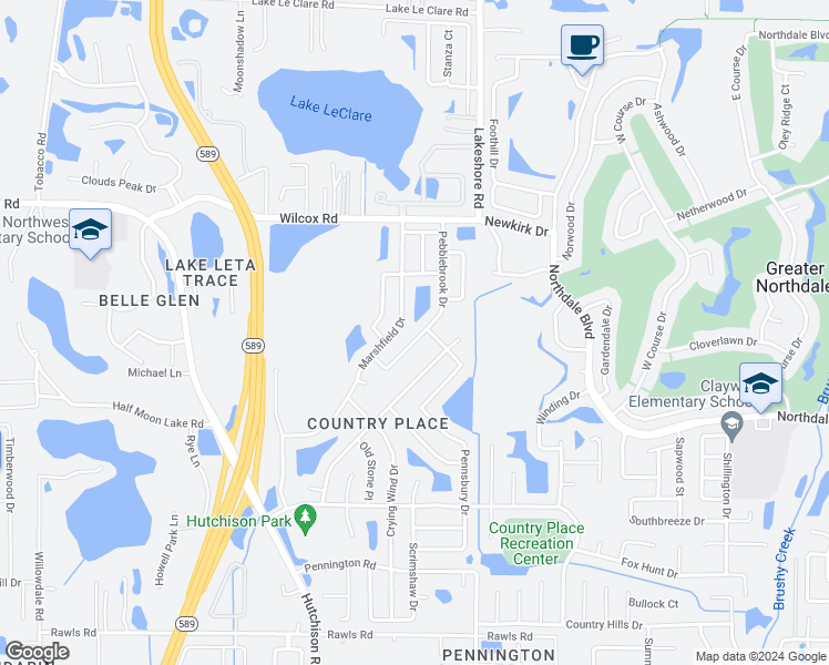 map of restaurants, bars, coffee shops, grocery stores, and more near 16122 Pebblebrook Drive in Tampa