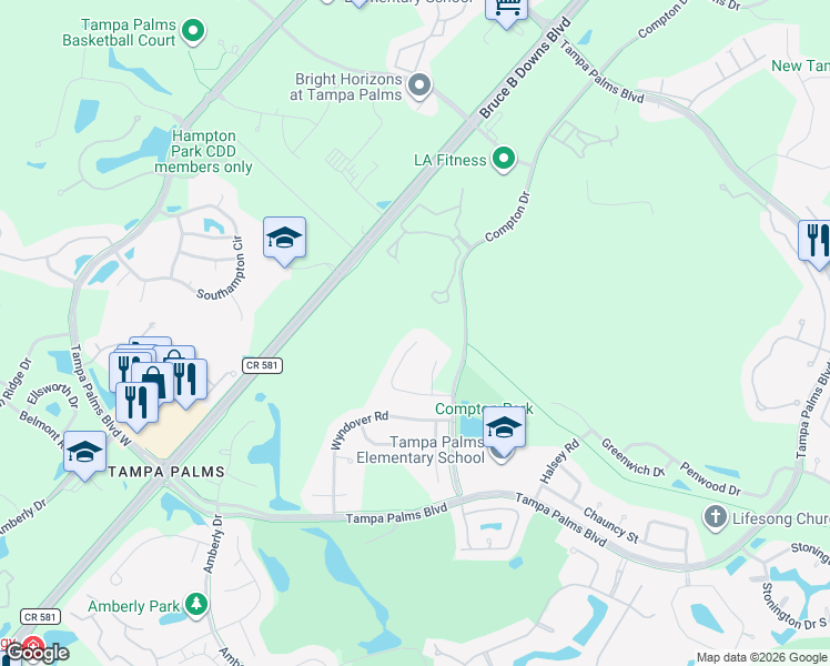 map of restaurants, bars, coffee shops, grocery stores, and more near 16128 Ancroft Court in Tampa