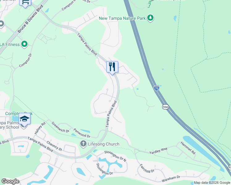 map of restaurants, bars, coffee shops, grocery stores, and more near 7809 Tuscany Woods Drive in Tampa