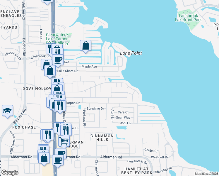map of restaurants, bars, coffee shops, grocery stores, and more near 46 Lexington Court in Palm Harbor