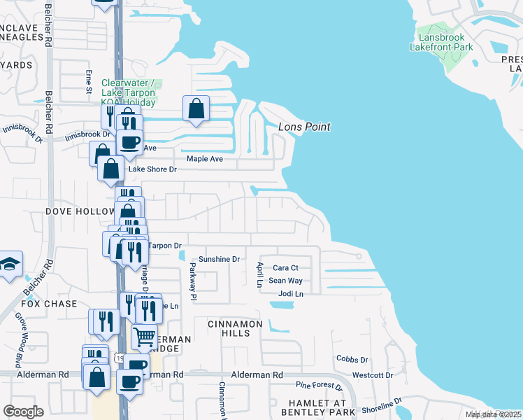 map of restaurants, bars, coffee shops, grocery stores, and more near 46 Lexington Court in Palm Harbor