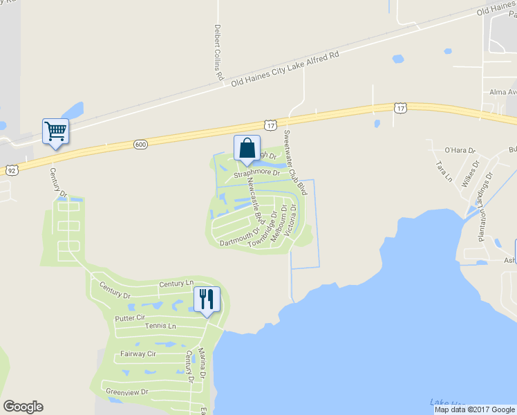 map of restaurants, bars, coffee shops, grocery stores, and more near 405 Dartmouth Drive in Haines City