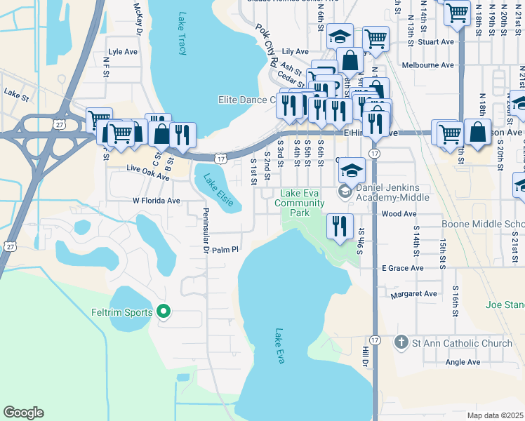 map of restaurants, bars, coffee shops, grocery stores, and more near 100 Woods Avenue in Haines City