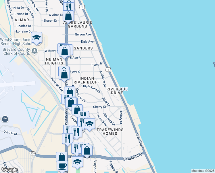 map of restaurants, bars, coffee shops, grocery stores, and more near 411a Audubon Drive in Melbourne