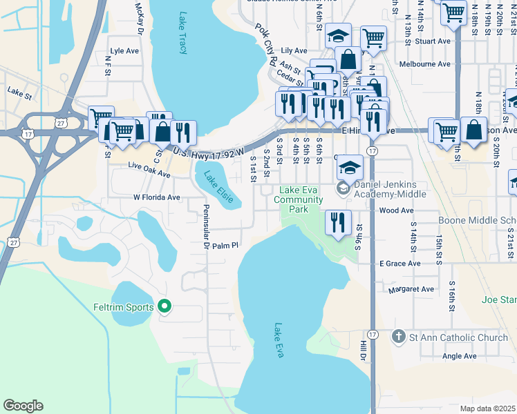map of restaurants, bars, coffee shops, grocery stores, and more near 100 Woods Avenue in Haines City