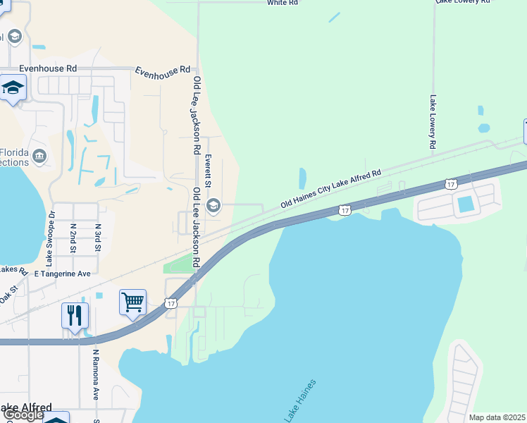 map of restaurants, bars, coffee shops, grocery stores, and more near Old Haines City Lake Alfred Road in Lake Alfred