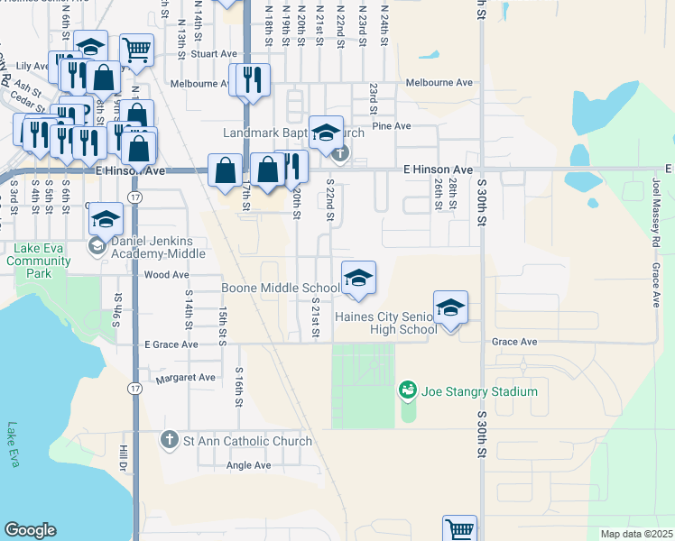 map of restaurants, bars, coffee shops, grocery stores, and more near 225 South 22nd Street in Haines City