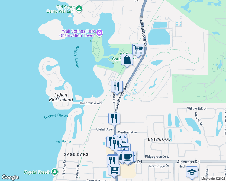 map of restaurants, bars, coffee shops, grocery stores, and more near 3518 Desoto Boulevard in Palm Harbor