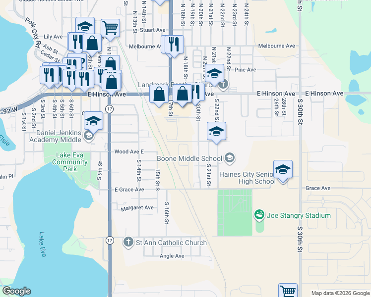 map of restaurants, bars, coffee shops, grocery stores, and more near 202 South 20th Street in Haines City