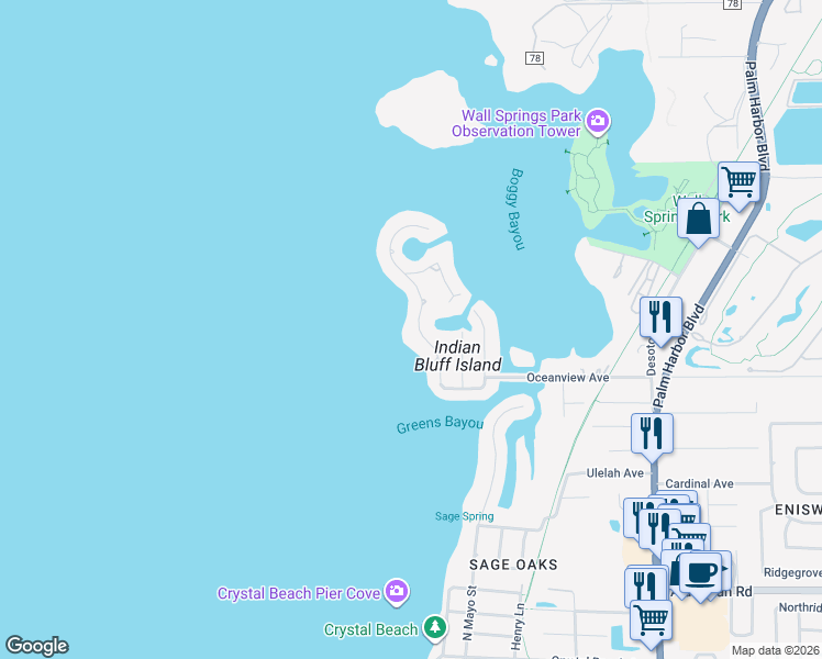 map of restaurants, bars, coffee shops, grocery stores, and more near 118 Carlyle Drive in Palm Harbor