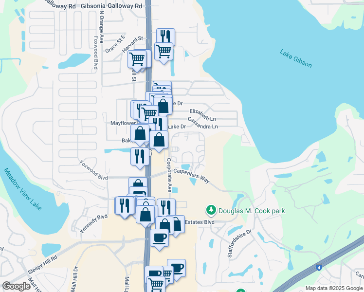 map of restaurants, bars, coffee shops, grocery stores, and more near 1001 Carpenters Way in Lakeland