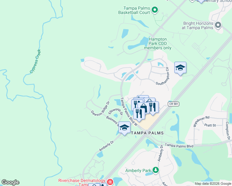 map of restaurants, bars, coffee shops, grocery stores, and more near 15926 Dawson Ridge Drive in Tampa