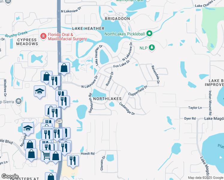 map of restaurants, bars, coffee shops, grocery stores, and more near 3318 Russett Drive in Tampa