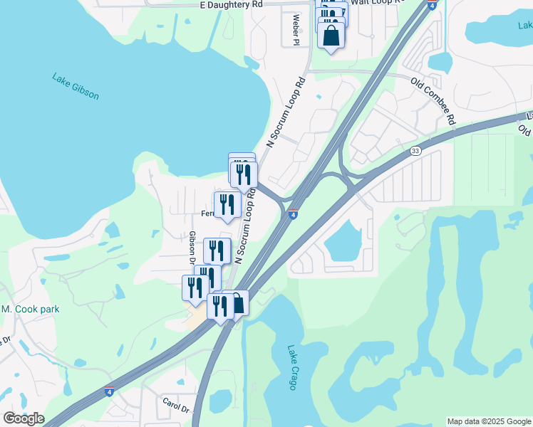 map of restaurants, bars, coffee shops, grocery stores, and more near 225 Fernery Road in Lakeland