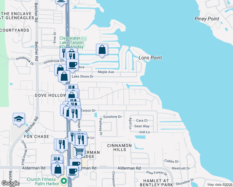 map of restaurants, bars, coffee shops, grocery stores, and more near 46 Delaware Court in Palm Harbor
