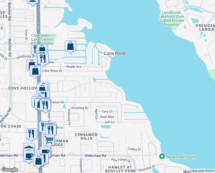 map of restaurants, bars, coffee shops, grocery stores, and more near 48 Plymouth Court in Palm Harbor
