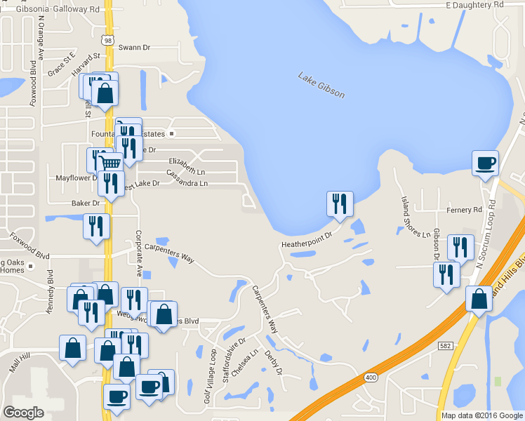 map of restaurants, bars, coffee shops, grocery stores, and more near 4703 Cassandra Lane in Lakeland