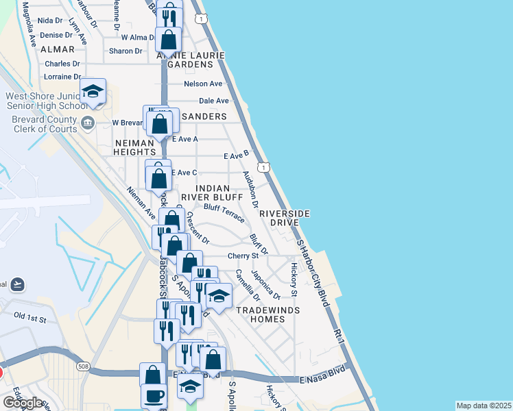 map of restaurants, bars, coffee shops, grocery stores, and more near 411a Audubon Drive in Melbourne