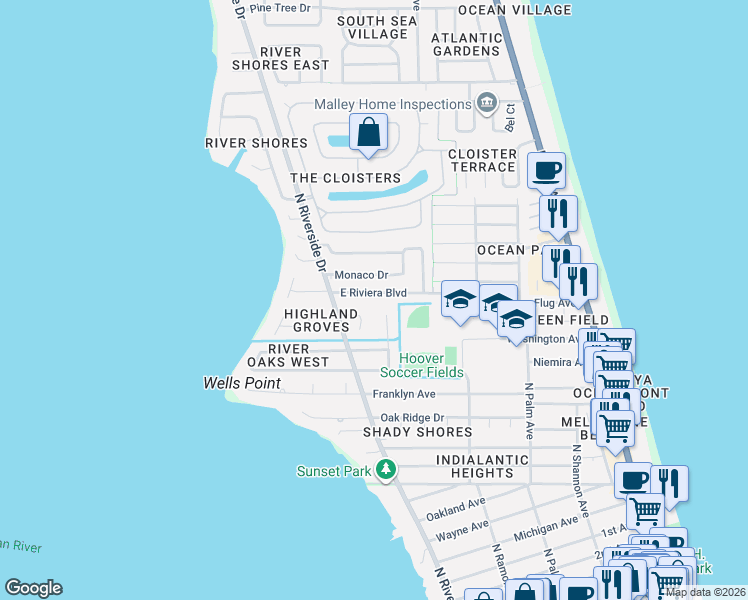 map of restaurants, bars, coffee shops, grocery stores, and more near 461 East Riviera Boulevard in Indialantic