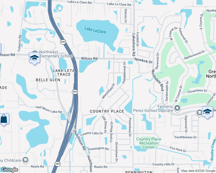map of restaurants, bars, coffee shops, grocery stores, and more near 16104 Country Crossing Drive in Tampa