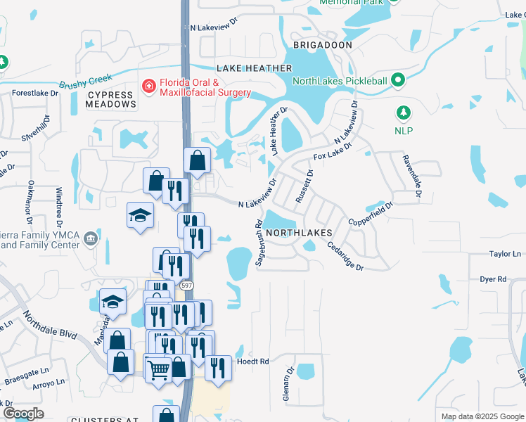 map of restaurants, bars, coffee shops, grocery stores, and more near Sagebrush Road in Tampa