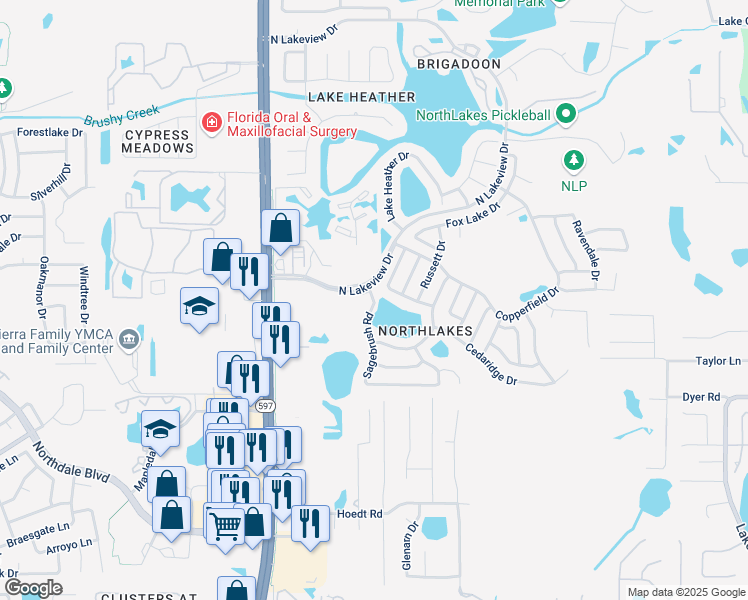 map of restaurants, bars, coffee shops, grocery stores, and more near 16243 Sagebrush Road in Tampa