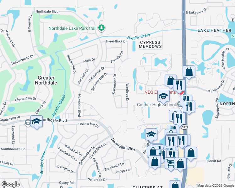 map of restaurants, bars, coffee shops, grocery stores, and more near 16221 Parkside Drive in Tampa