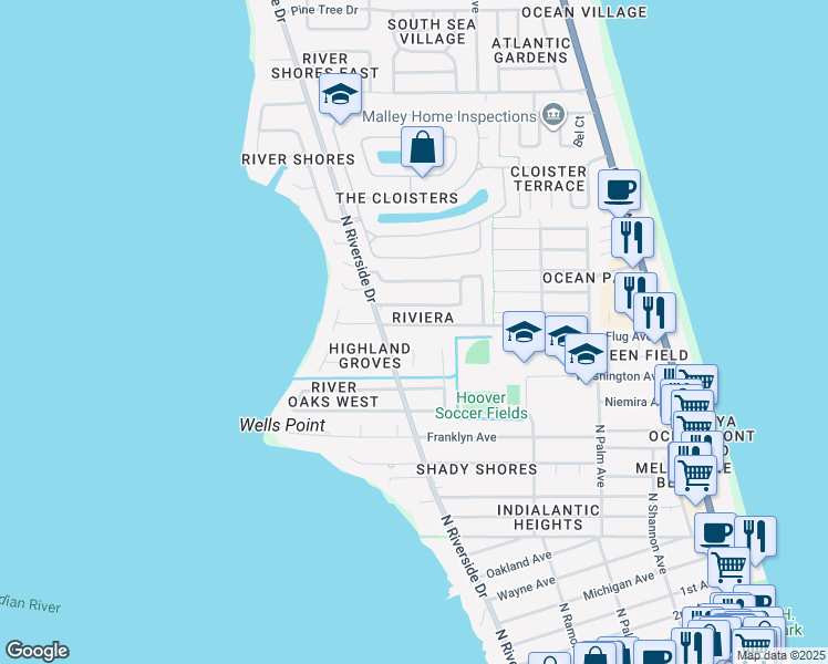 map of restaurants, bars, coffee shops, grocery stores, and more near 461 East Riviera Boulevard in Indialantic