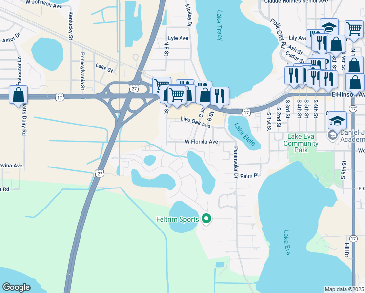 map of restaurants, bars, coffee shops, grocery stores, and more near 527 West Florida Avenue in Haines City