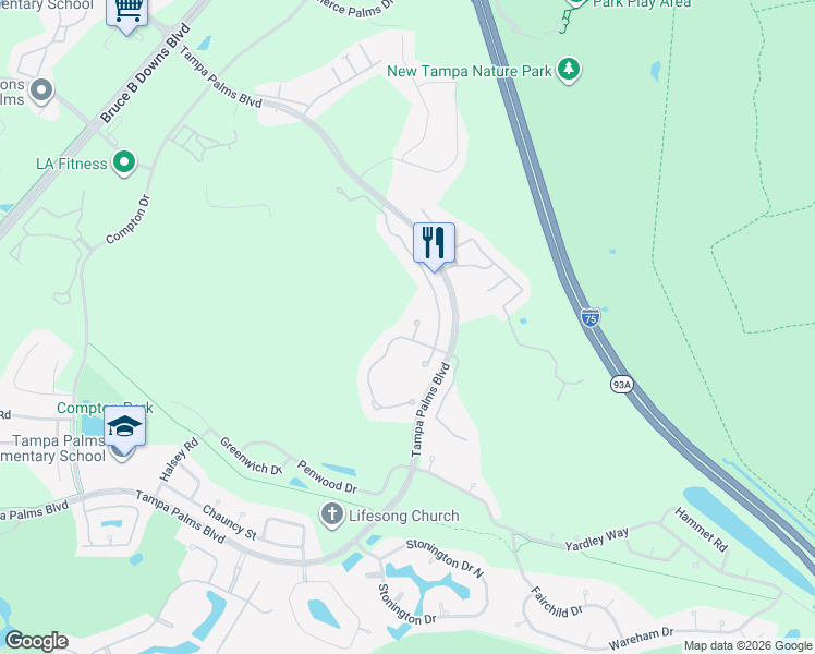 map of restaurants, bars, coffee shops, grocery stores, and more near 16086 Bella Woods Drive in Tampa