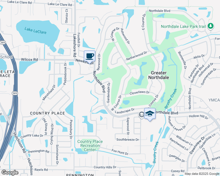 map of restaurants, bars, coffee shops, grocery stores, and more near 16139 Gardendale Drive in Tampa