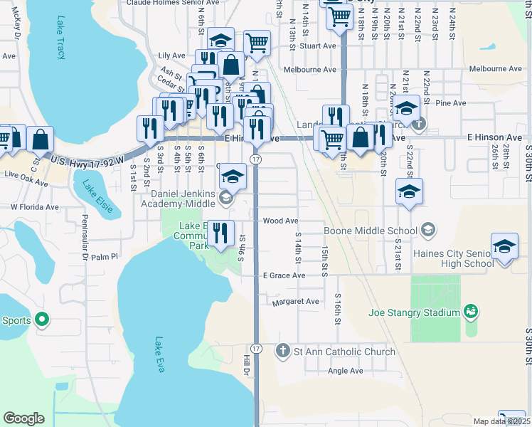 map of restaurants, bars, coffee shops, grocery stores, and more near 301 South 10th Street in Haines City