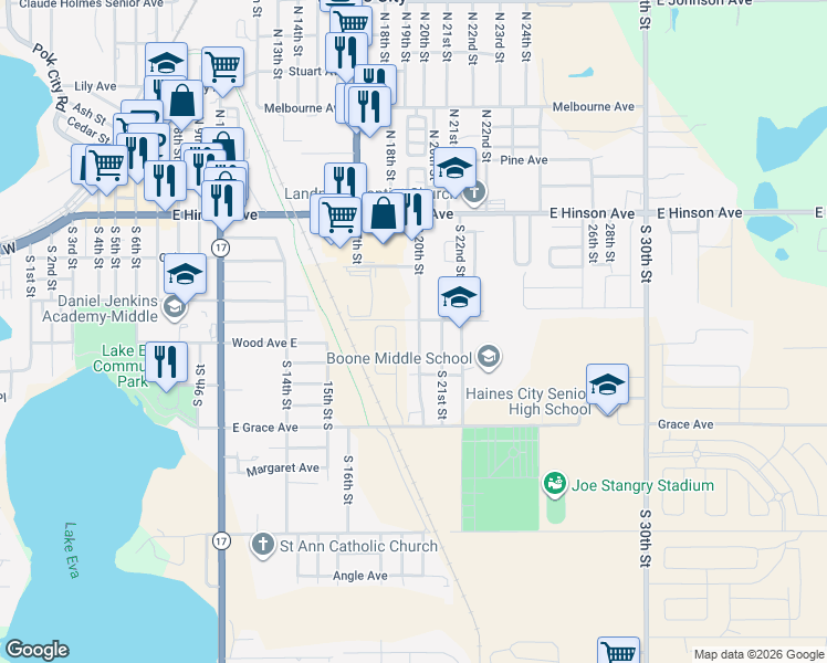 map of restaurants, bars, coffee shops, grocery stores, and more near 202 South 20th Street in Haines City
