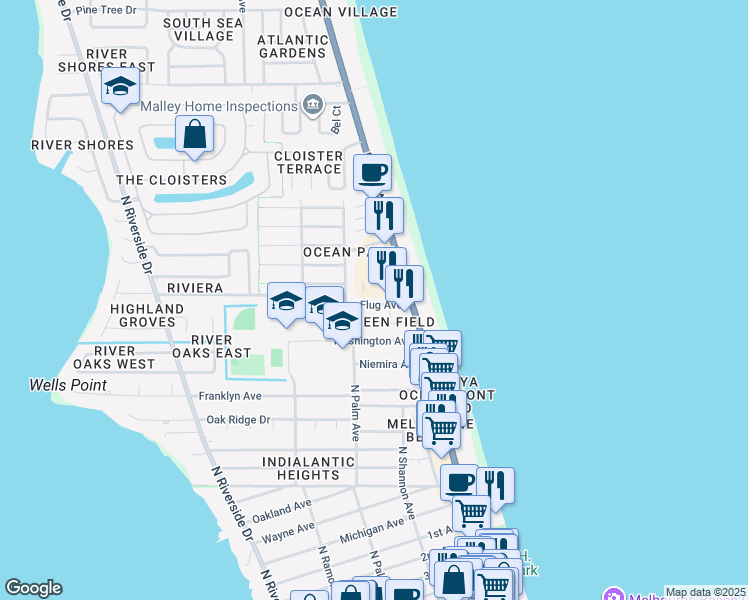 map of restaurants, bars, coffee shops, grocery stores, and more near 140 Flug Avenue in Indialantic