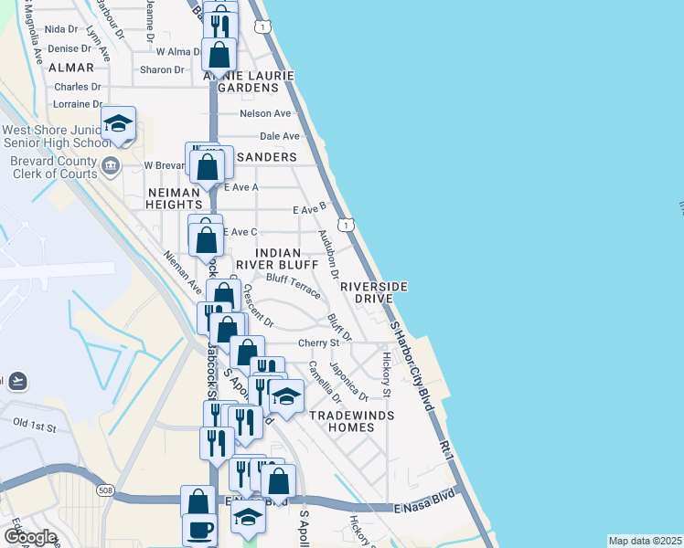 map of restaurants, bars, coffee shops, grocery stores, and more near 411a Audubon Drive in Melbourne
