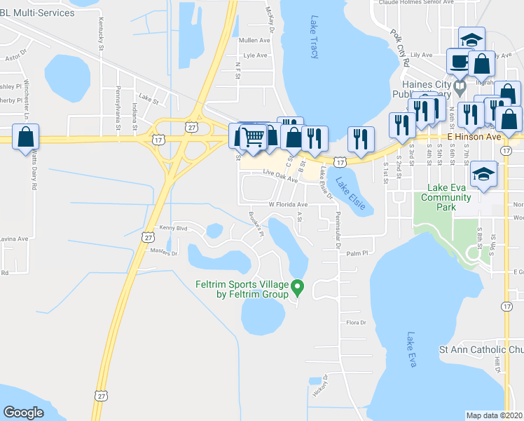 map of restaurants, bars, coffee shops, grocery stores, and more near 617 West Florida Avenue in Haines City