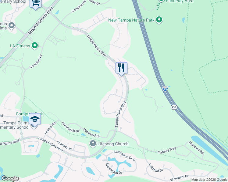 map of restaurants, bars, coffee shops, grocery stores, and more near 16086 Bella Woods Drive in Tampa