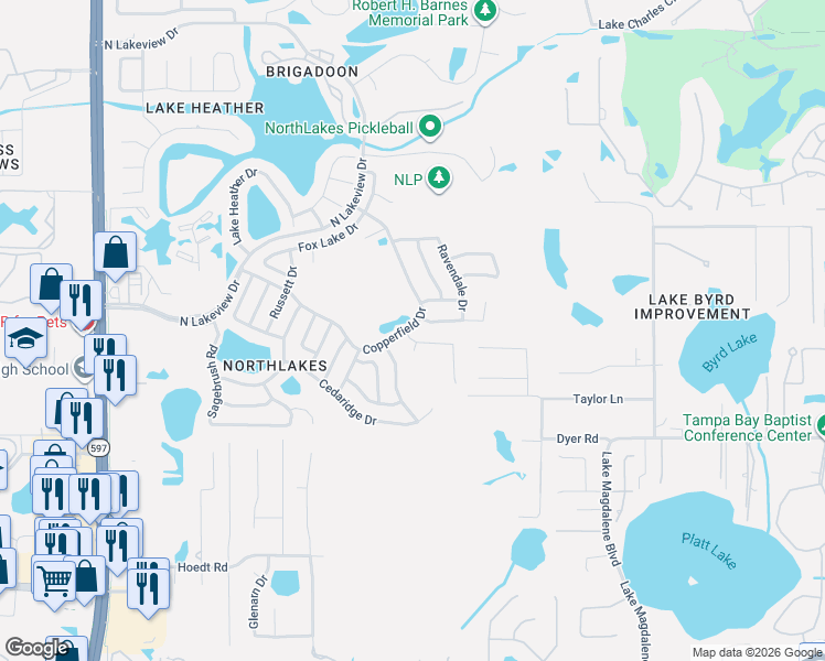 map of restaurants, bars, coffee shops, grocery stores, and more near 16041 Grass Lake Drive in Tampa