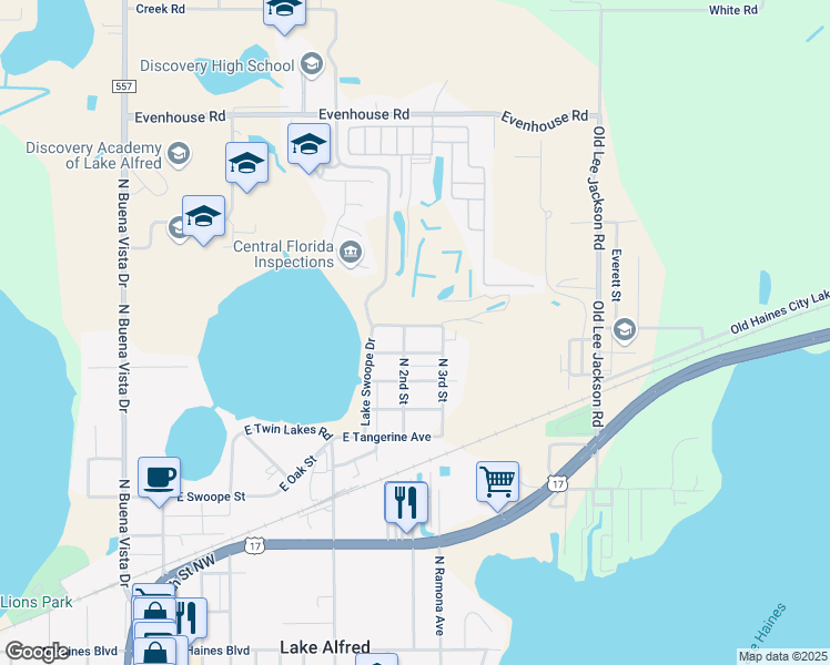 map of restaurants, bars, coffee shops, grocery stores, and more near 635 East Orange Avenue in Lake Alfred