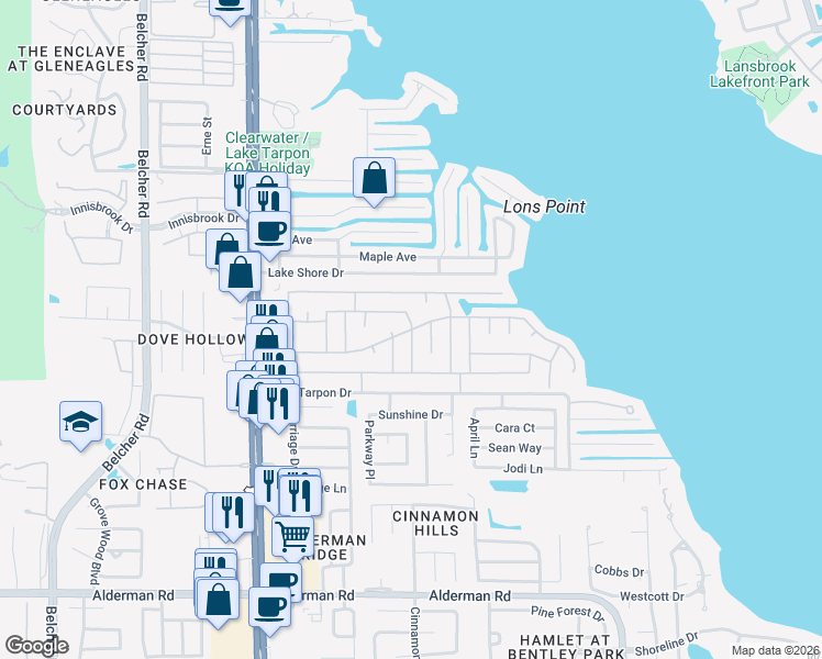 map of restaurants, bars, coffee shops, grocery stores, and more near 198 New England Avenue in Palm Harbor