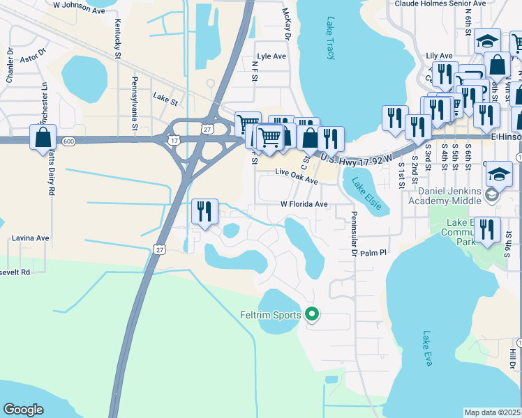 map of restaurants, bars, coffee shops, grocery stores, and more near 617 West Florida Avenue in Haines City
