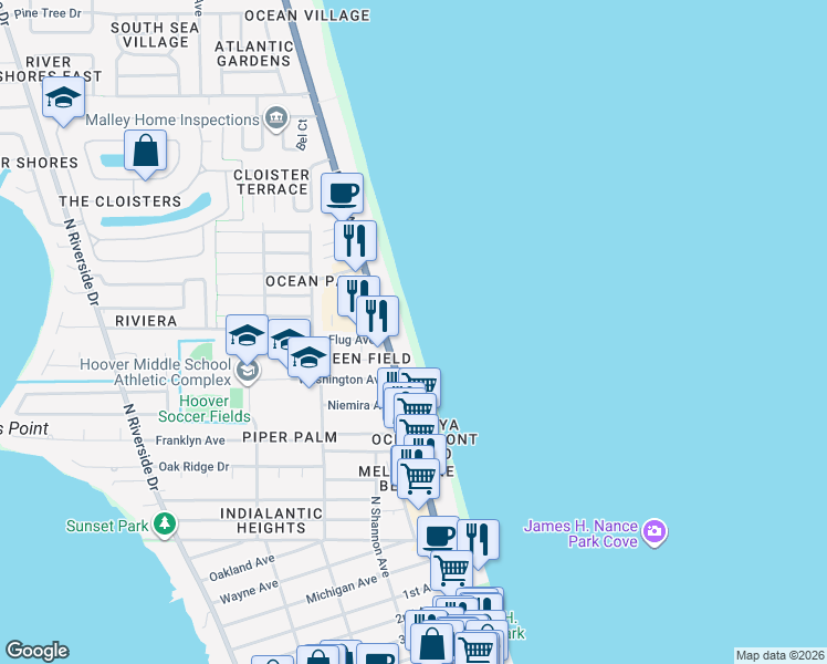 map of restaurants, bars, coffee shops, grocery stores, and more near 1115 North Highway A1A in Indialantic