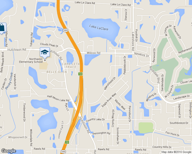 map of restaurants, bars, coffee shops, grocery stores, and more near 16108 Country Crossing Drive in Tampa