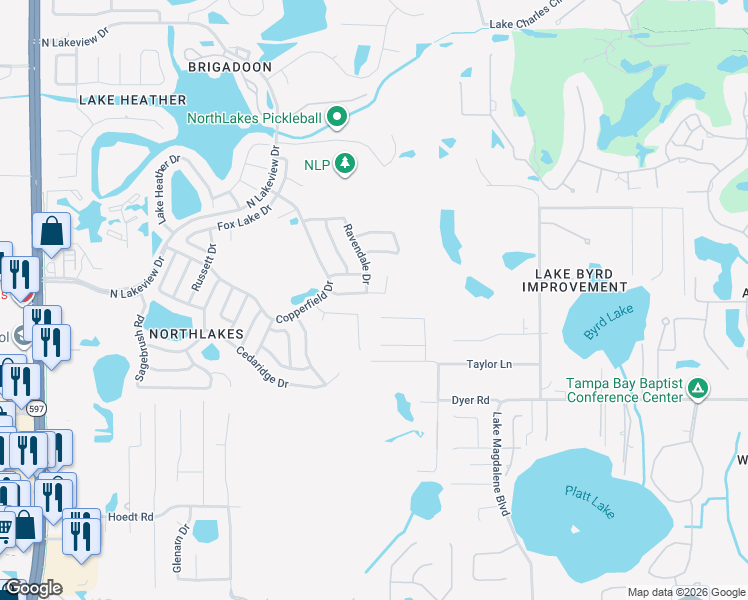 map of restaurants, bars, coffee shops, grocery stores, and more near 2515 Withy Court in Tampa