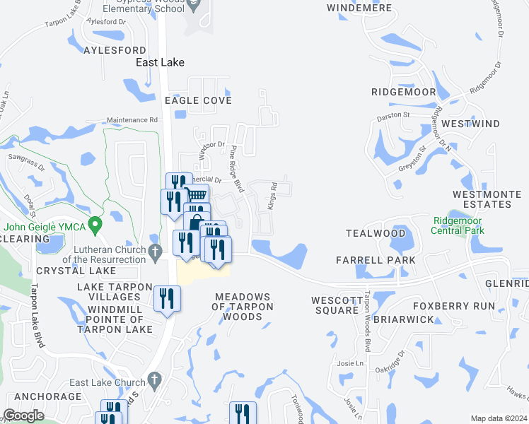 map of restaurants, bars, coffee shops, grocery stores, and more near 3588 Wembley Way in Palm Harbor
