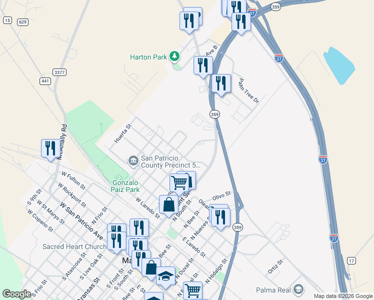 map of restaurants, bars, coffee shops, grocery stores, and more near 304 West Freeman Street in Mathis