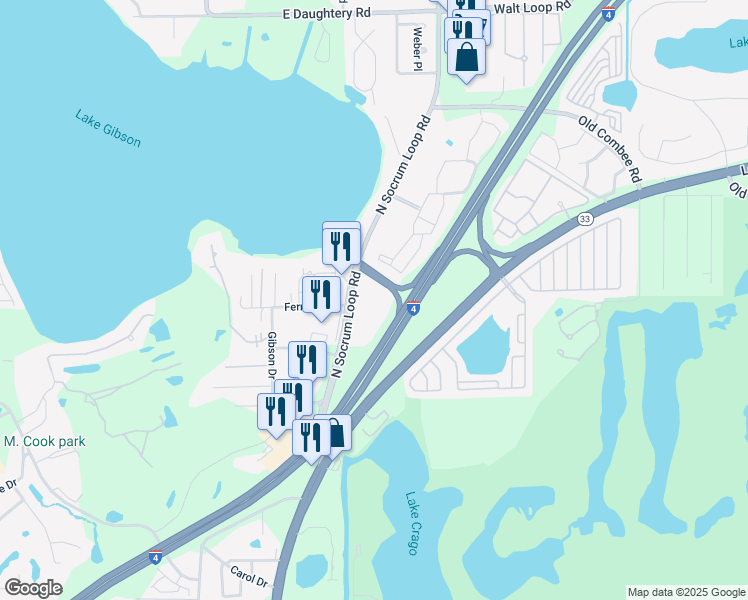 map of restaurants, bars, coffee shops, grocery stores, and more near 4645 North Socrum Loop Road in Lakeland
