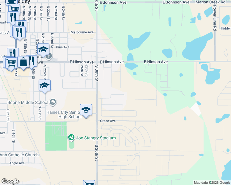 map of restaurants, bars, coffee shops, grocery stores, and more near 3217 East Hinson Avenue in Haines City