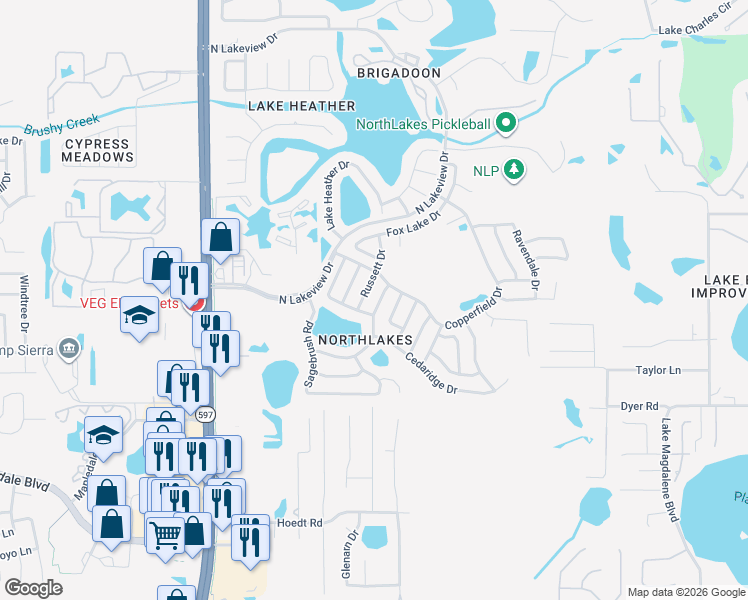 map of restaurants, bars, coffee shops, grocery stores, and more near 3318 Russett Drive in Tampa